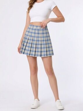 3/$30 Preppy Blue Plaid Pleated Mini Skirt  Size Small